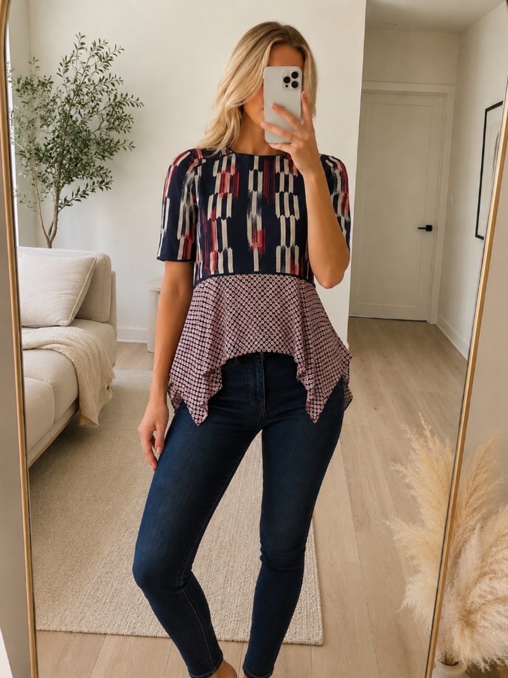 BCBG Black Red Printed Peplum Blouse XXS NWT
